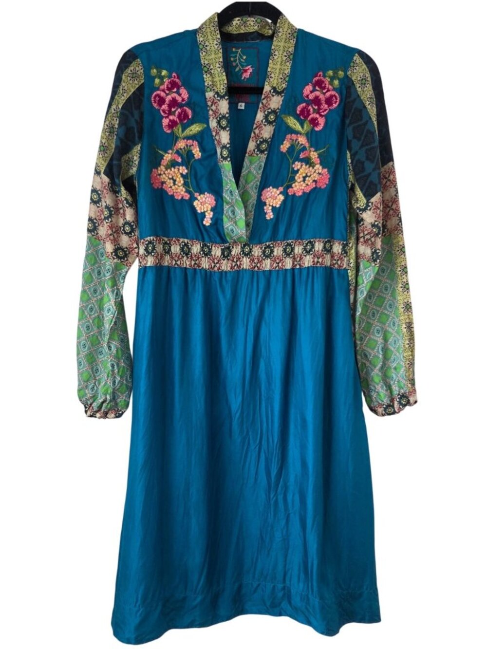 Johnny Was 100% Silk Blue Floral Embroidered Tunic Dress Women's S